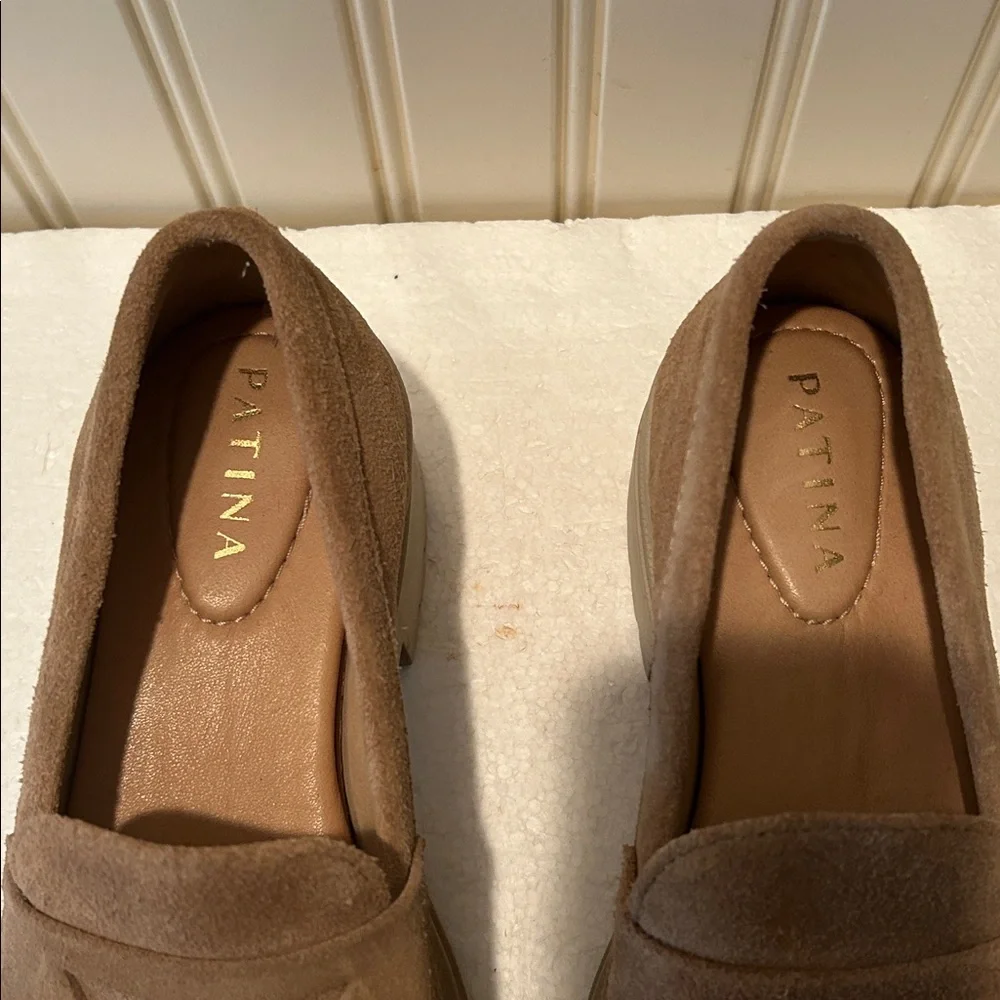 Patina chunky dental platform Tan Suede Loafers cushion leather insoles size 7